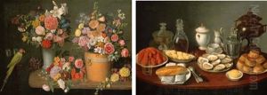 Peonies, Roses, Sunflowers, Lilies And Hollyhocks With A Parrot (+ Oysters, Crayfish, Pies, Bread And A Coffee Service; Pair) by Marie Colin de la Biochaye