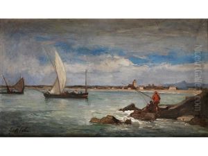 Uferlandschaft Mit Anglern Und Segelschiffen