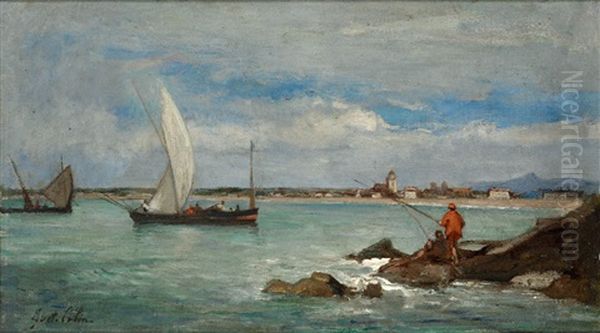 Kustenlandschaft Mit Segelbooten Und Anglern - view 1