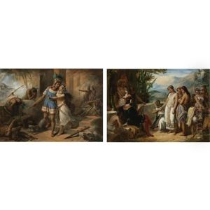 Telasco Defends His Fiancee Princess Amazili Against The Attacking Spaniards (+ A Young Inca Woman Is Offered To The Castilian Alonzo Molina For Marriage; Pair) by Gustave Colin
