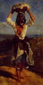 Jeune Femme Portant Un Panier Sur La Tete, Pres De La Mer A Hendaye Jeune Femme Portant Un Panier Sur La Tete, Pres De La Mer A Hendaye