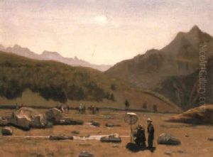 An Artist Sketching In A Rocky Landscape by Gustave Colin