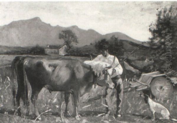 Farmer With Ox And Dog In A Landscape - view 1