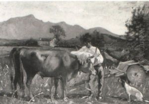 Farmer With Ox And Dog In A Landscape by Gustave Colin