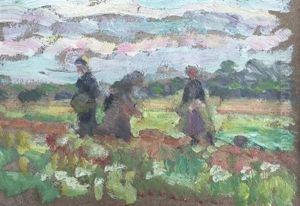 Double Sided Painting- Women Working In The Field (recto); Landscape (verso) Double Sided Painting- Women Working In The Field (recto); Landscape (verso)