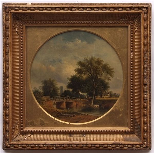 Country River Landscape With Figure On A Bridge And Cattle Watering - view 1
