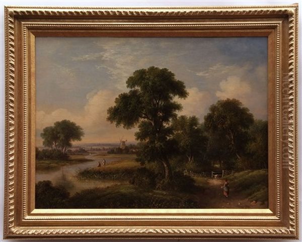 Figures In A River Landscape With Distant Windmill - view 1