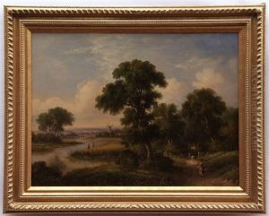 Figures In A River Landscape With Distant Windmill