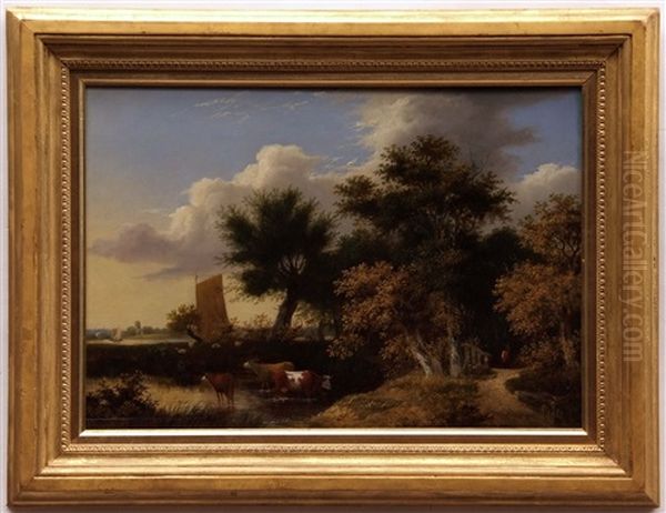 Cattle In River Landscape With Distant Boats - view 1