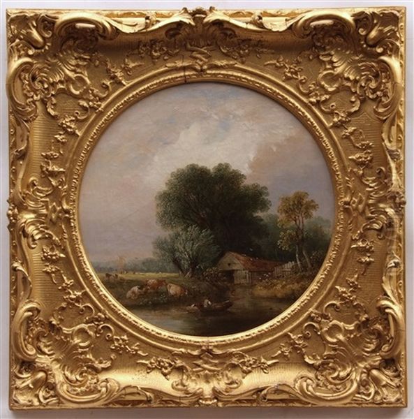 River Scene With Figure In A Boat To Foreground, Cattle Resting And Distant Windmill - view 1