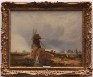 Herder, Dog And Cattle By A Mill by Samuel David Colkett