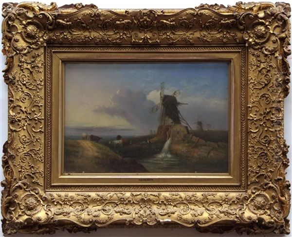 Herder, Dog And Cattle Resting By A Mill - view 1