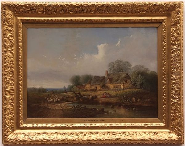 Group Of Children Playing With Toy Boat Before A Cottage, Herder, Dog And Sheep In Country Path - view 1