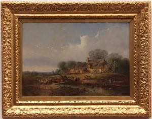 Group Of Children Playing With Toy Boat Before A Cottage, Herder, Dog And Sheep In Country Path by Samuel David Colkett