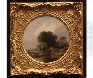 River Scene With Figure In A Boat To Foreground, Cattle Resting And Distant Windmill by Samuel David Colkett