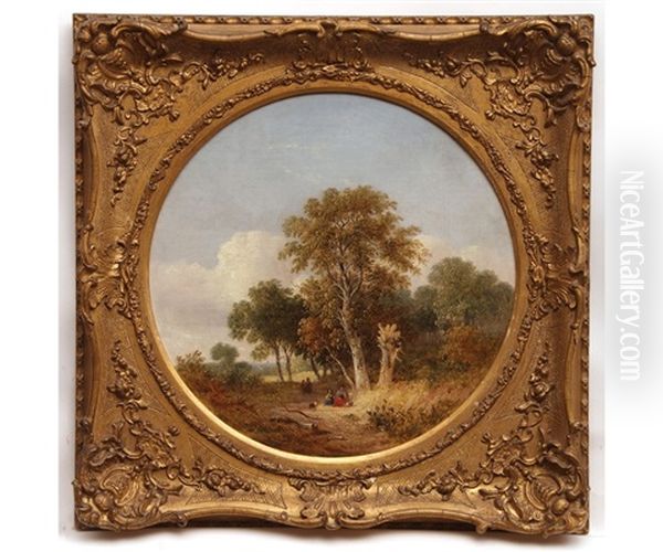 Figures And Dog Resting In Wooded Landscape - view 1