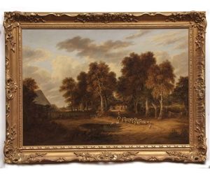 Extensive Wooded Landscape With Shepherd And Sheep And In Lane by Samuel David Colkett