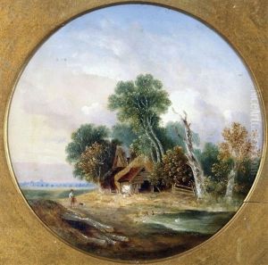 Rural Landscape With Figure And Dog By Cottages Rural Landscape With Figure And Dog By Cottages