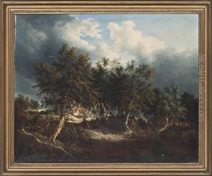 A Wooded River Landscape With Figures On The Bank by Samuel David Colkett