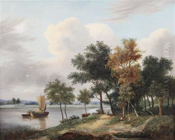River Landscape With Sail Barge And Figures On The Bank - view 1