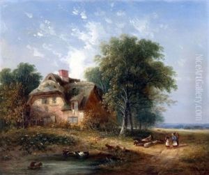 Figures By A Thatched Cottage