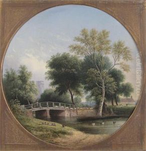 A Shepherd And Flock On A Bridge In A Village (+ Havesters On A Bridge Over A Stream; Pair)