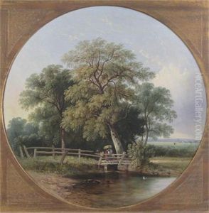 A Shepherd And Flock On A Bridge In A Village (+ Harvesters On A Bridge Over A Stream; Pair)