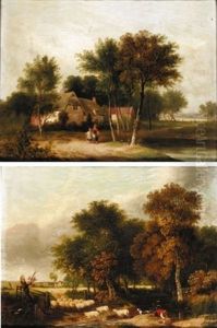 A Shepherd And His Flock (+ Figures Outside A Cottage; Pair)