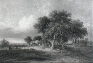 Wooded Landscape With Drover And Cattle, Farm Beyond