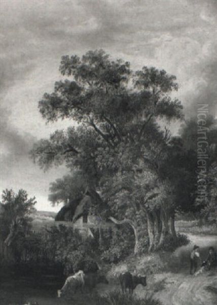 View Near Norwich With Figures, Cattle, Trees And Cottage - view 1
