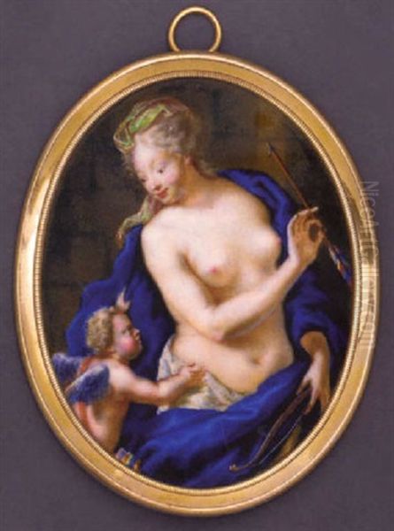 Venus And Cupid: Venus With Blue Cloak Draped Around Her Shoulders, Green Veil In Her Long Upswept Hair, Holding An Arrow And A Bow In Her Hands, Cupid Holding The Cloak Of Venus - view 1