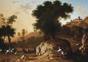 A Rocky Landscape With Hunters Attacking A Boar, A Hilltop Town Beyond by Francisco Collantes