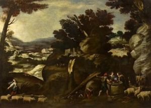 Weite Bergige Landschaft Mit Hirten Und Ihrem Vieh Weite Bergige Landschaft Mit Hirten Und Ihrem Vieh