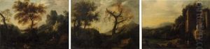 Two Figures By Ruins In A Landscape, A Lake And Mountains Beyond (+ 2 Others; 3 Works) by Francisco Collantes