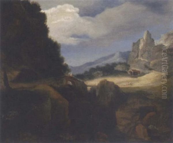 A Mountainous Landscape With Travellers On A Bridge, A Church In The Distance - view 1