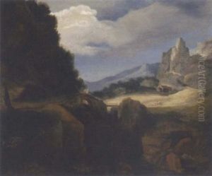 A Mountainous Landscape With Travellers On A Bridge, A Church In The Distance