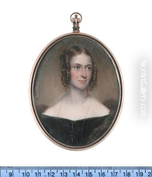 A Lady, Wearing Black Dress With White Lace Trim, Fur Stole, A Long Gold Necklace, Gold Pendent Earrings, Her Hair Upswept, Parted And Curled In Ringlets Framing Her Face - view 1