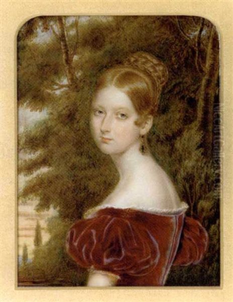 Queen Victoria In Lace-bordered Claret Coloured Velvet Dress, Gold Set Emerald Drop Earring, Her Fair Hair Plaited And Dressed In A Bun, Foliate Background - view 1