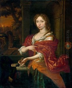 Portrat Einer Edeldame Mit Zeitmesser, Im Hintergrund Ausblick In Eine Parklandschaft by Hermann Collenius