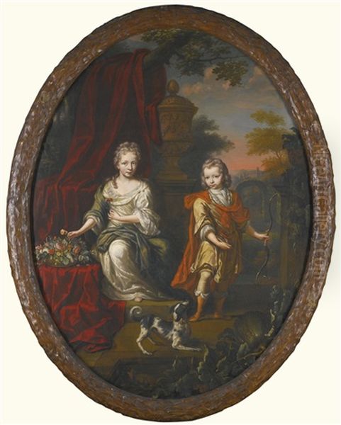 Portrait Of A Girl And A Boy On A Terrace In A Garden - view 1