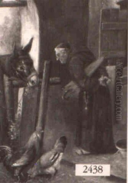 Monk In A Stable With A Mule And Roosters - view 1