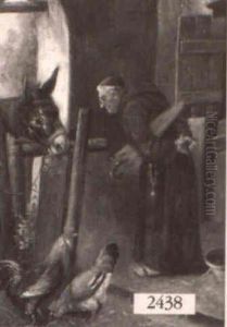 Monk In A Stable With A Mule And Roosters