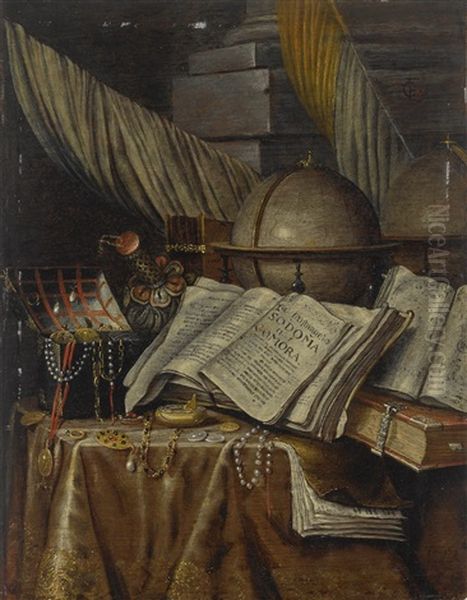 A Vanitas Still Life With A Globe, Books, And A Box Of Jewels All Resting On A Draped Table - view 1