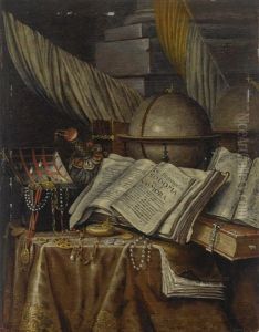 A Vanitas Still Life With A Globe, Books, And A Box Of Jewels All Resting On A Draped Table by Edward Collier