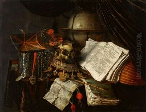 Vanitas Still Life With A Jewellery Box, Skull On A Reversed Crown, A Globe, And A Lute by Edward Collier