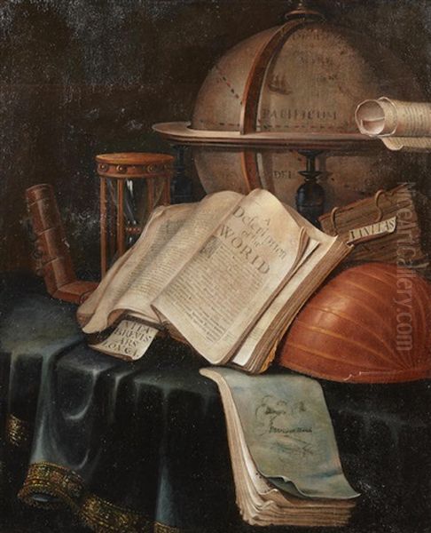 A Vanitas Still Life With A Globe, Books, An Hour-glass And A Musical Instrument On A Draped Table-top by Edward Collier