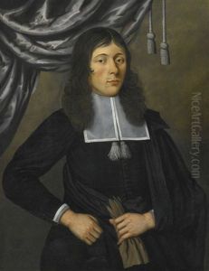 Portrait Of A Gentleman, Three-quarter Length, In A Black Cape, Holding A Glove, Standing In Front Of A Curtain by Edward Collier