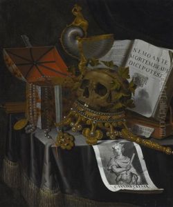 A Vanitas Still Life With A Laurelled Skull Upon An Inverted Crown, A Scepter, A Nautilus Cup, A Jewelry Casket, Books And A Portrait Of Caesar On A Draped Table by Edward Collier