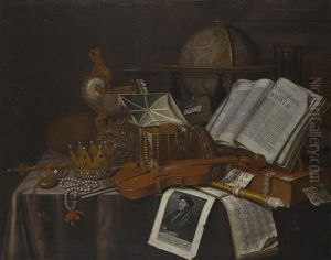 A Still Life With A Crown And Sceptre, A Violin, A Jewel Casket, A Nautilus Cup, And A Print Of Erasmus by Edward Collier