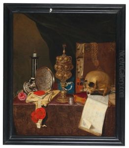 Vanitas Still Life With Ornate Vessels, Books, Inscriptions And A Death"s Head